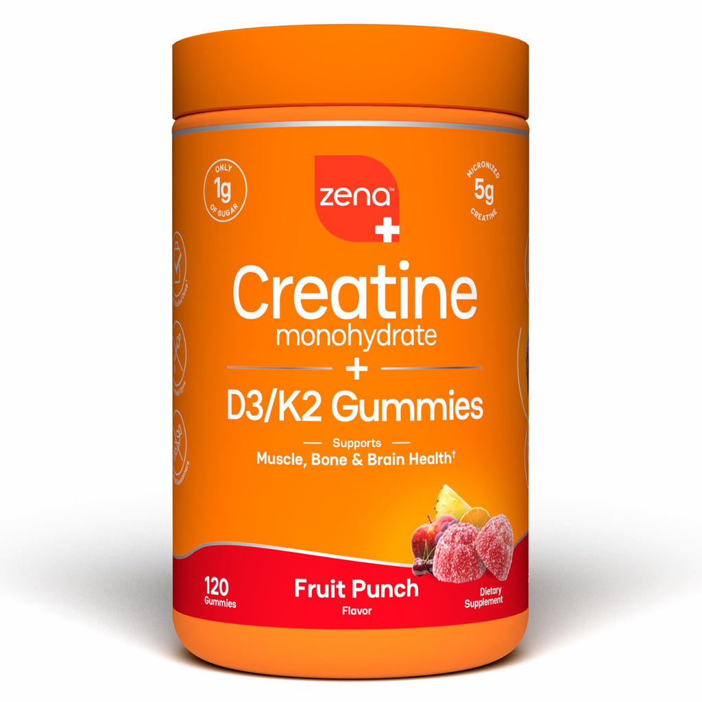 Zena Nutrition Creatine Gummies with D3 & K2, Creatine Monohydrate for Men and Women, Supports Bone, Muscle, & Cognitive Health, Gummy Workout Supplement, Blue Raspberry Flavor, 120ct, 30 Servings
