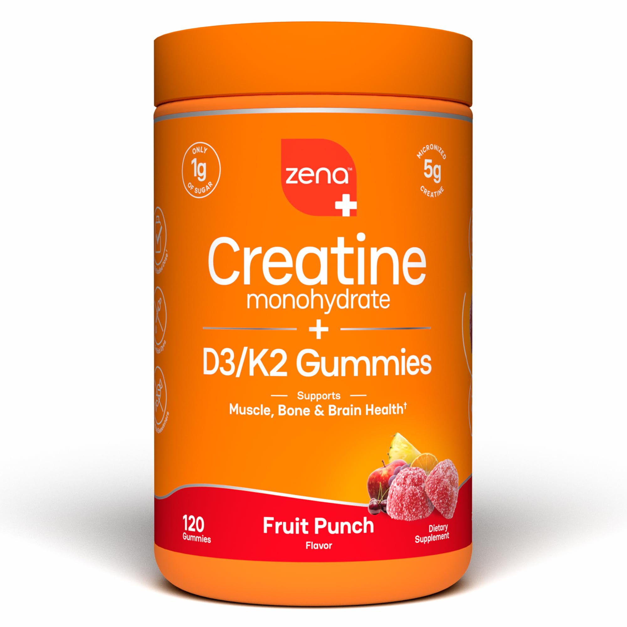 Zena Nutrition Creatine Gummies with D3 & K2, Creatine Monohydrate for Men and Women, Supports Bone, Muscle, & Cognitive Health, Gummy Workout Supplement, Blue Raspberry Flavor, 120ct, 30 Servings