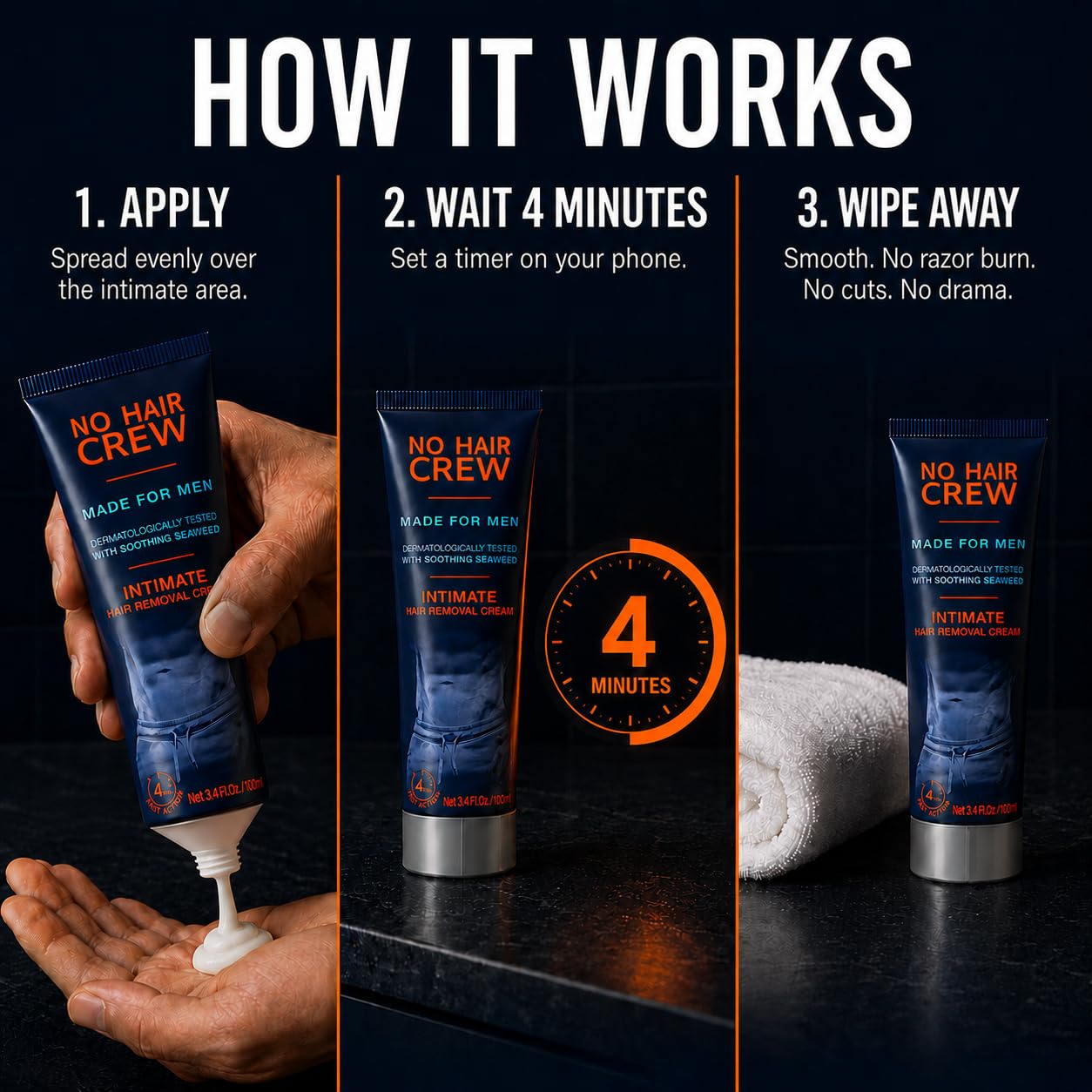 No Hair Crew Intimate/Private At Home Hair Removal Cream for Men - Painless, Flawless, Soothing Depilatory for Unwanted Coarse Male Body Hair, 100ml