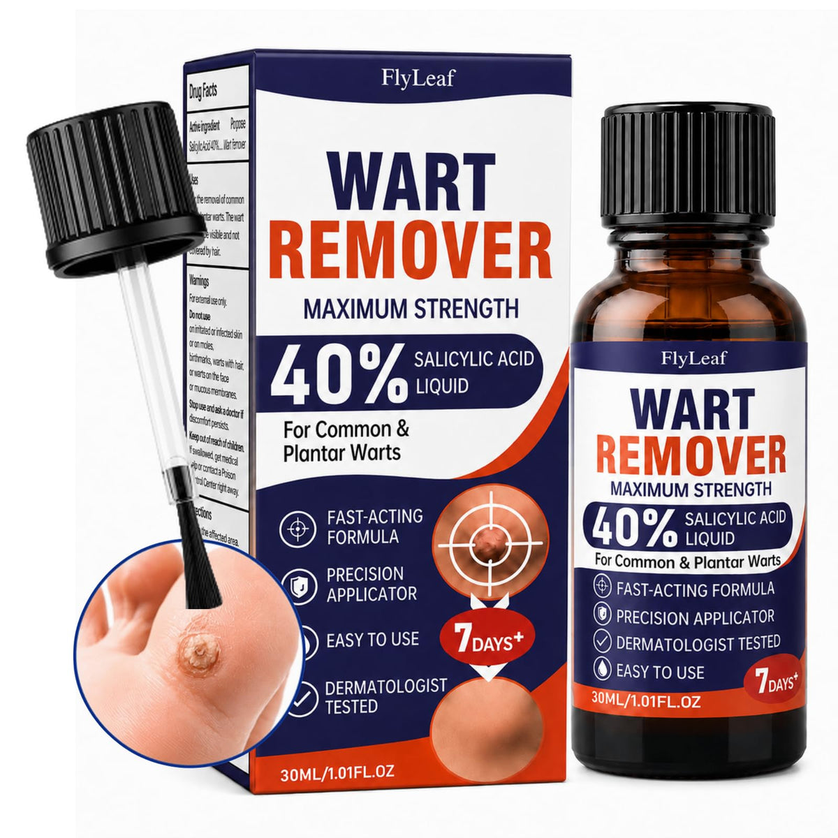FLYLEAF 40% Salicylic Acid Wart Remover Liquid, Fast-Acting Maximum Strength Plantar Wart Remover for Common, Flat & Foot Warts, Corns & Calluses, Hands, Feet, Toes & Soles, 1.01 fl oz