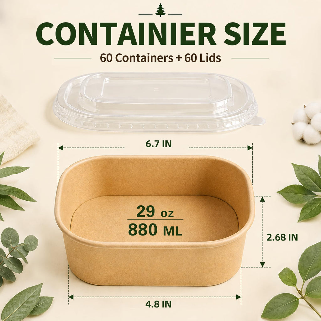 60 Pack 29OZ Disposable Meal Prep Containers, Paper Bowls With Lids