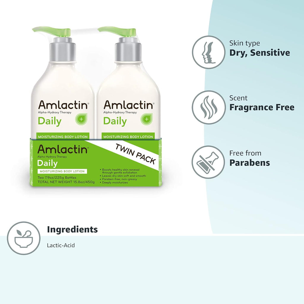 Buy now AmLactin Daily Moisturizing Lotion for Dry Skin, 7.9 oz Pump Bottles (Twin Pack), 2-in-1 Exfoliator-Body Lotion with 12% Lactic Acid, Dermatologist-Recommended (Packaging May Vary) at indiglob india