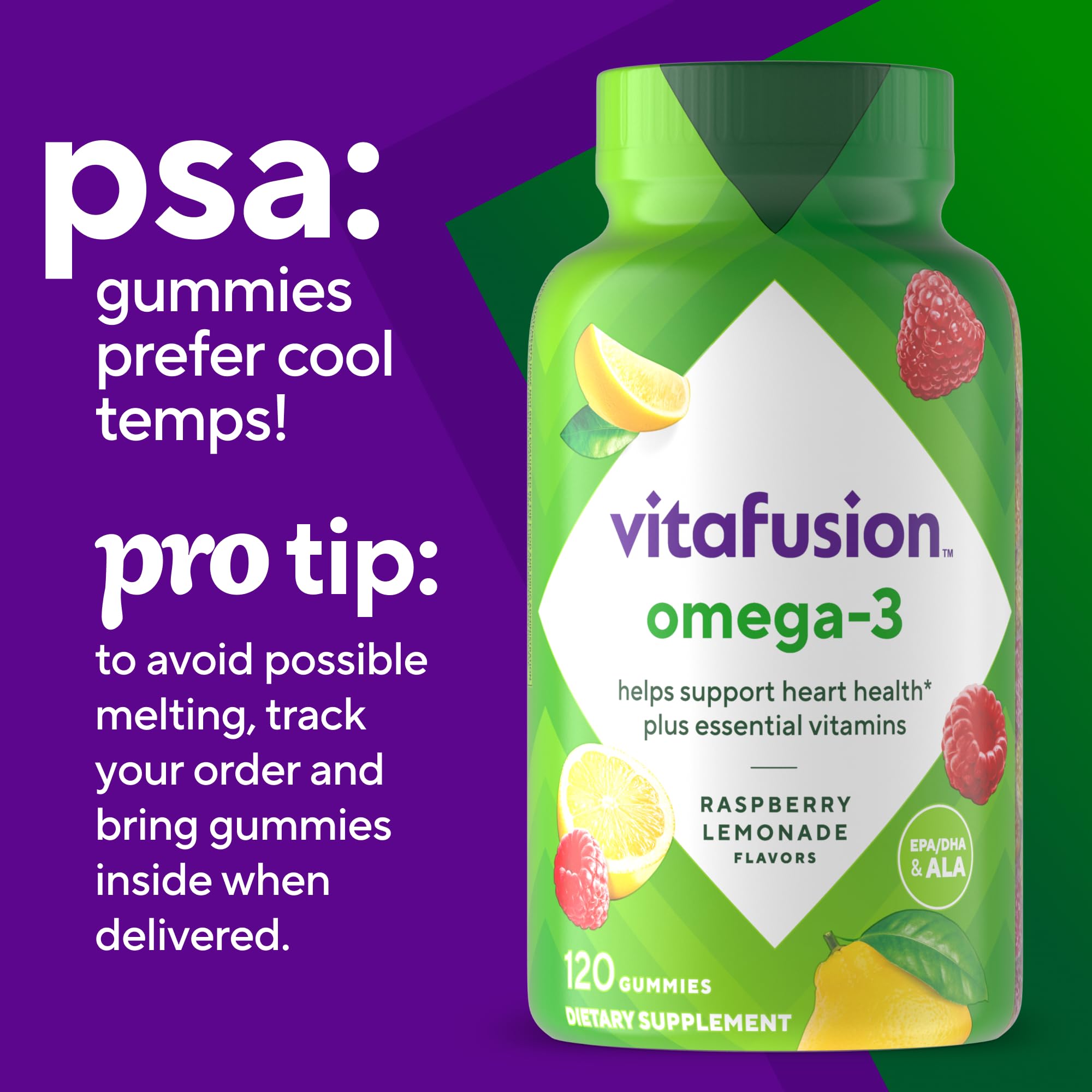 Buy now Vitafusion Omega-3 Gummy Vitamins, Berry Lemonade Flavored, Heart Health Vitamins(1) With Omega 3 EPA/DHA and Vitamins A, C, D and E, Americaâ€™s Number 1 Vitamin Brand, 60 Day Supply, 120 Count at indiglob india