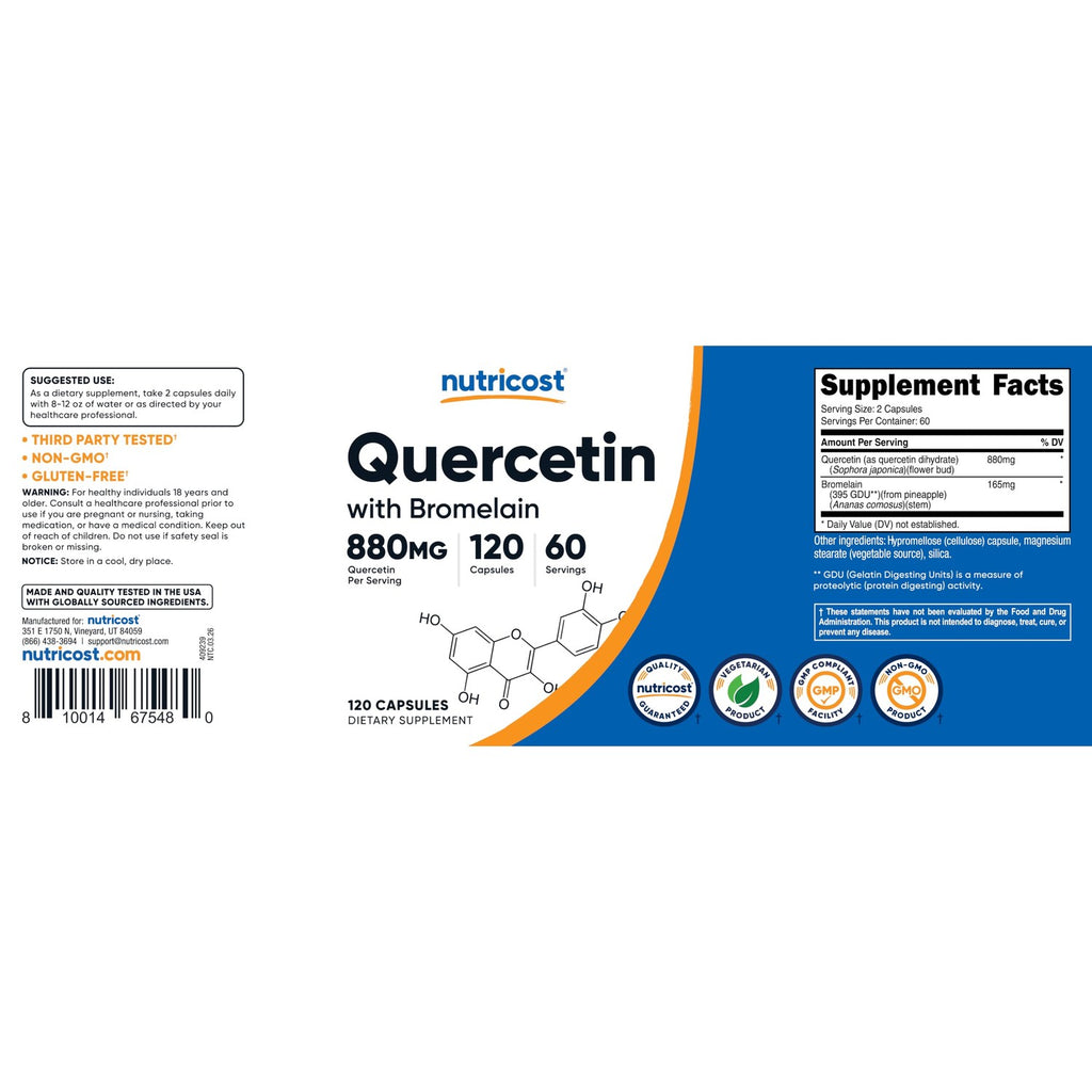 Nutricost Quercetin with Bromelain, 880mg Quercetin, 120 Capsules, 60 Serv | 880mg Quercetin + 165mg Bromelain Per Serving, 2 Capsules Per Serving, Vegetarian, GMO-Free & Gluten-Free