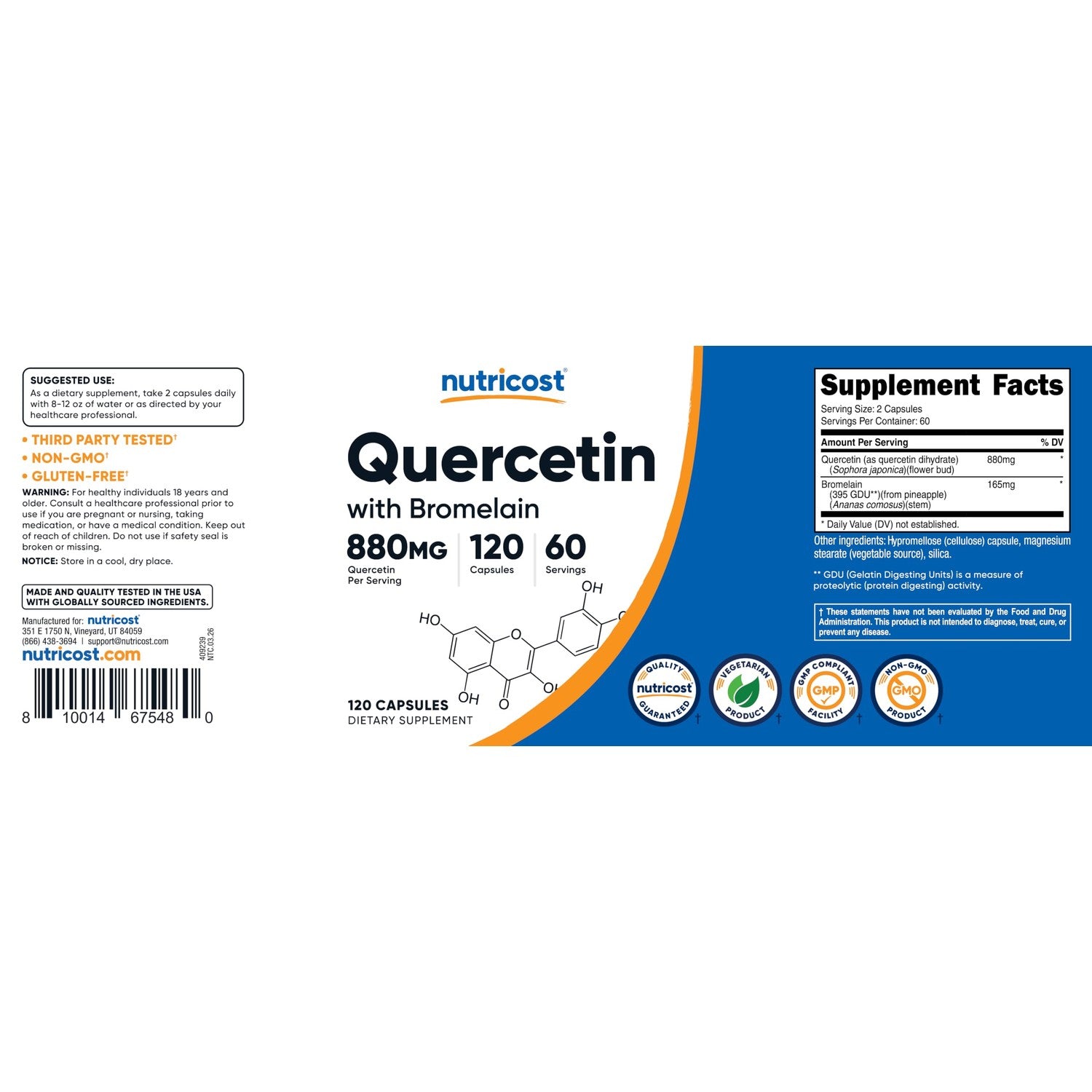 Nutricost Quercetin with Bromelain, 880mg Quercetin, 120 Capsules, 60 Serv | 880mg Quercetin + 165mg Bromelain Per Serving, 2 Capsules Per Serving, Vegetarian, GMO-Free & Gluten-Free
