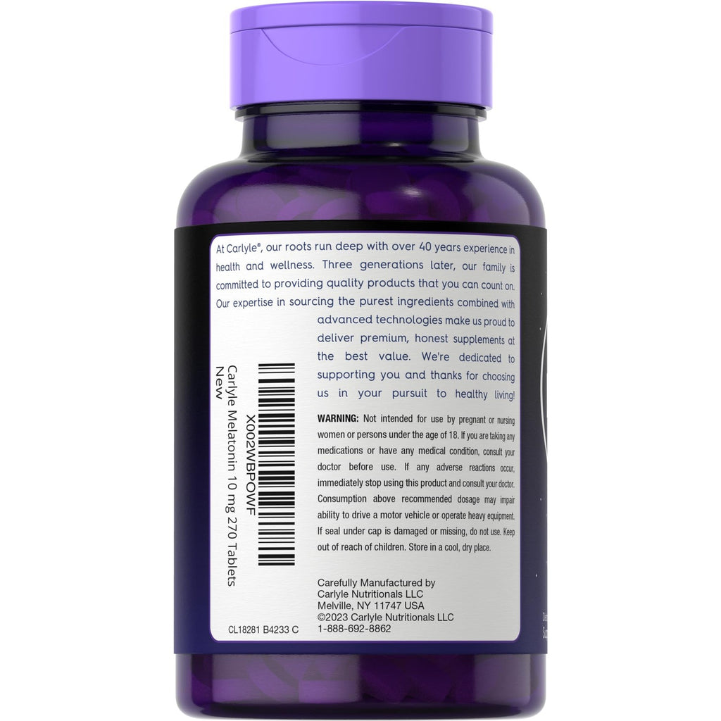 Carlyle Melatonin 10mg | 270 Tablets | with L-Theanine | Vegetarian, Non-GMO, Gluten Free Supplement