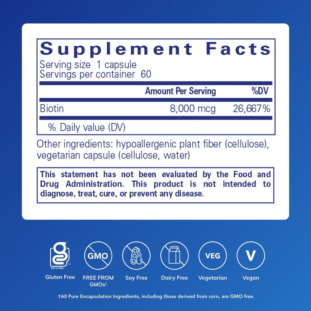Pure Encapsulations Biotin 8 mg, 60 Counts | B Vitamin Supplement for Stress Relief, Hair, Skin, and Nail Strengthening, Metabolism, Carbohydrate Support*