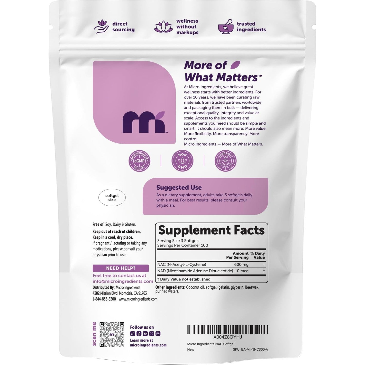 Micro Ingredients NAC Supplement 600mg Per Serving with NAD+ & Coconut Oil, 300 Softgels | 2-in-1 N Acetyl L Cysteine Plus Nicotinamide Forms | NAD Supplements for Women & Men | Non-GMO, Gluten Free