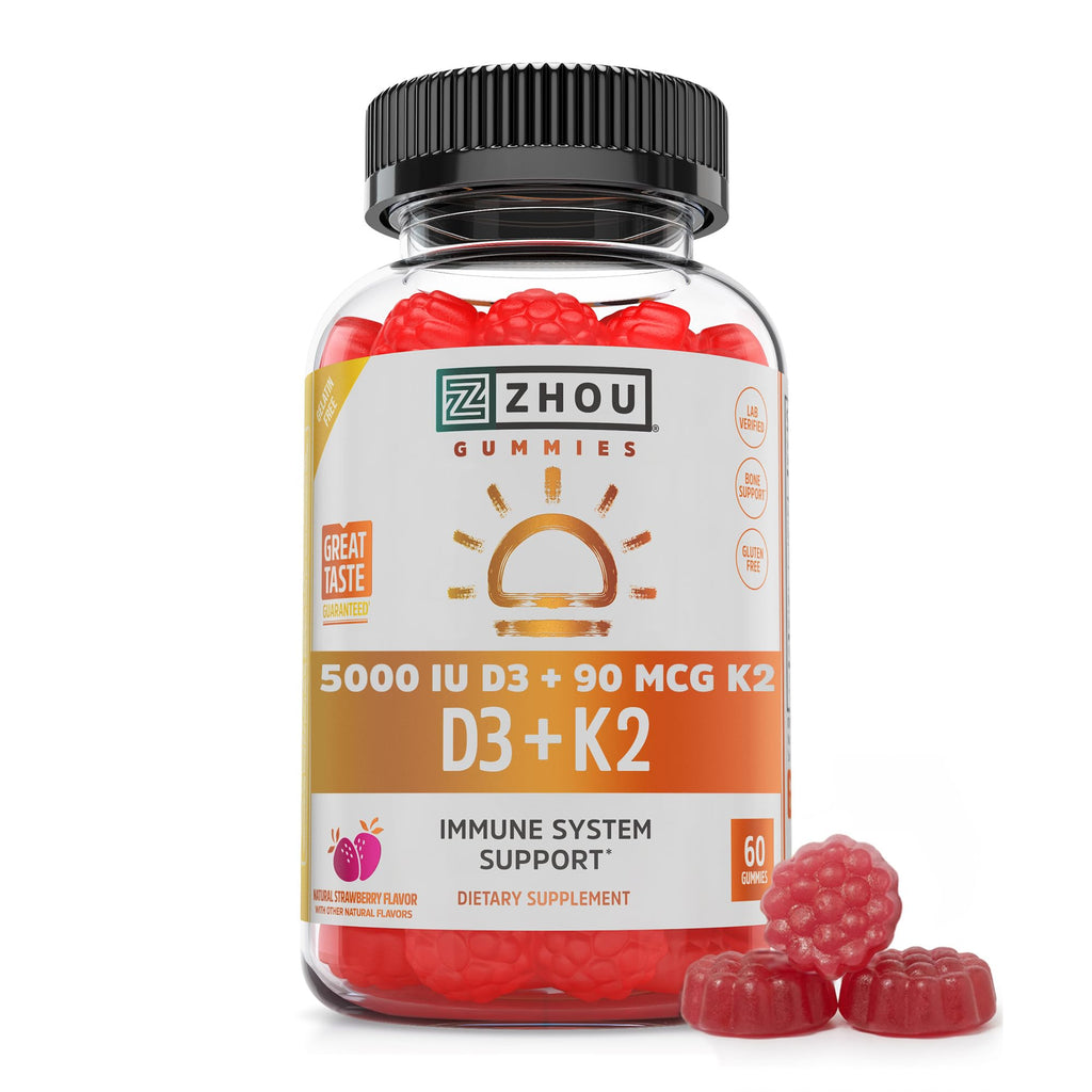 Zhou D3+K2 Supplement - 60 Veggie Capsules (Pack of 1) | Vitamin D3 K2 Supplement for Women & Men, Immune Support Vit D3 and K2 Supplements