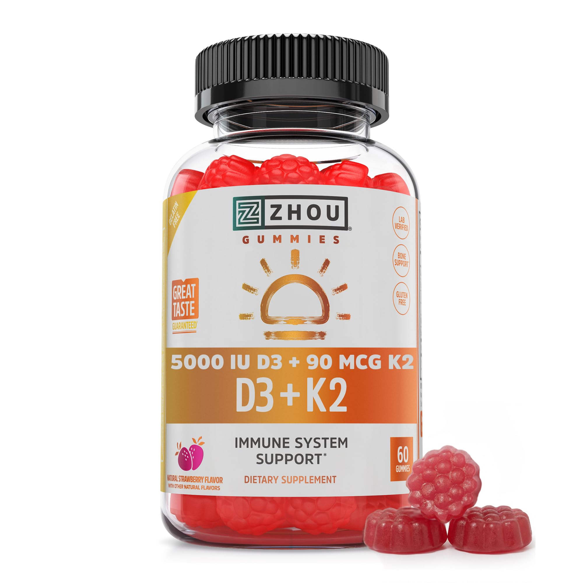 Zhou D3+K2 Supplement - 60 Veggie Capsules (Pack of 1) | Vitamin D3 K2 Supplement for Women & Men, Immune Support Vit D3 and K2 Supplements