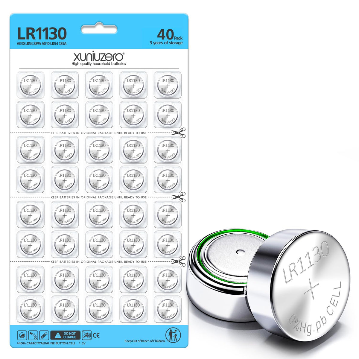 40 Pack LR1130 AG10 Battery 1.5V Long-Lasting Alkaline Button Cell Batteries