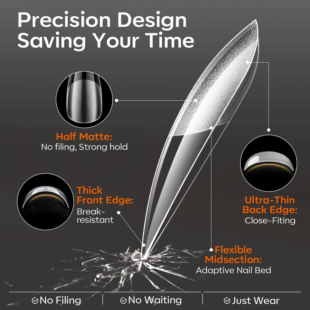 Modelones short almond nail tips offer a precision design for quick application. Strong hold, break-resistant, and time-saving.
