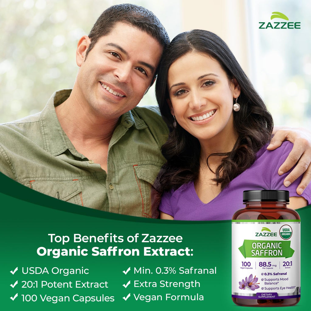 Zazzee USDA Organic Saffron 20:1 Extract, 88.5 mg, 0.3% Safranal, Vegan
