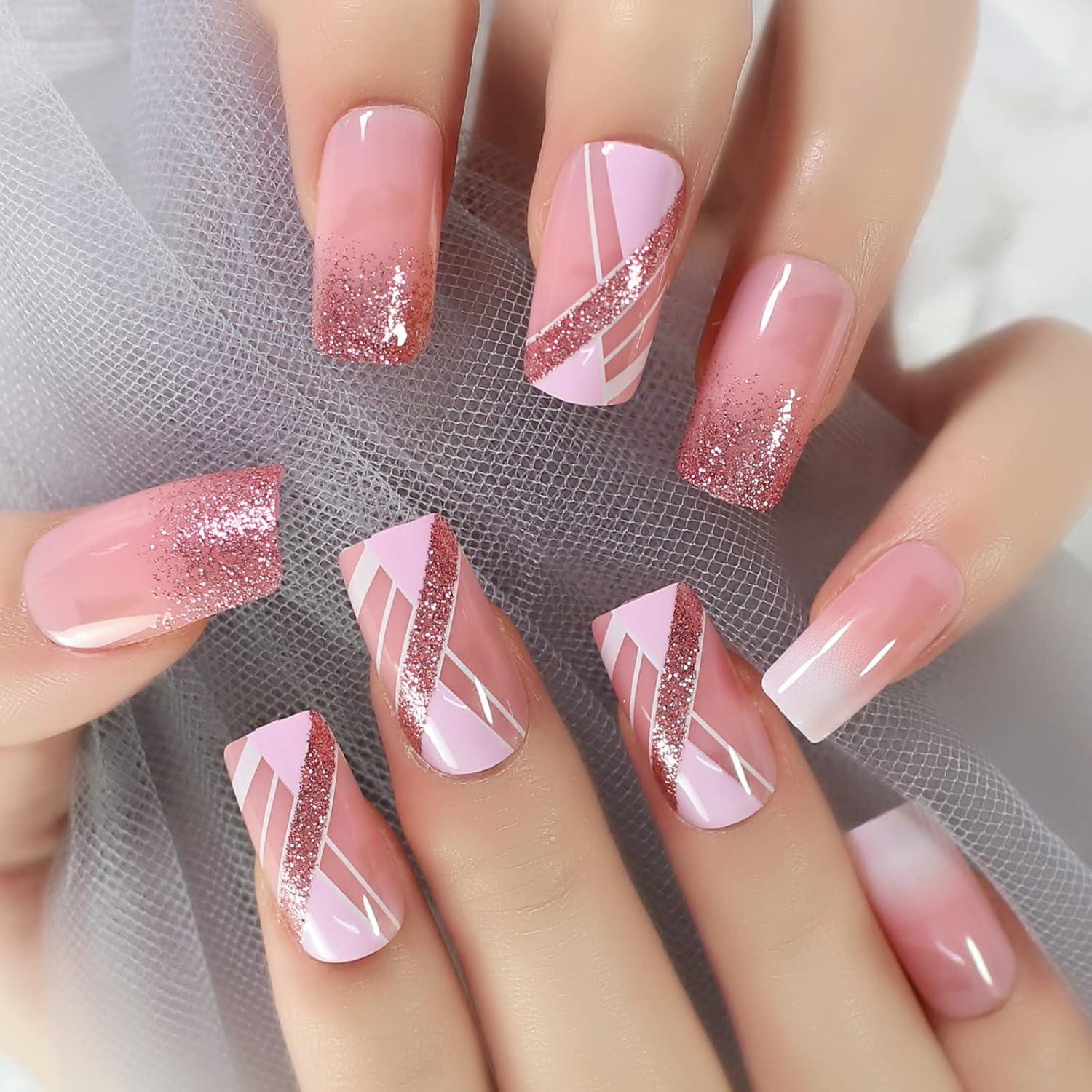 Buy now EchiQ Pearl Shine Glossy Fake Nails Shimmer White Square French Nail Ombre Faux Ongles Gradient Medium Fingernails with Gluetabs 0Pink mix at indiglob india