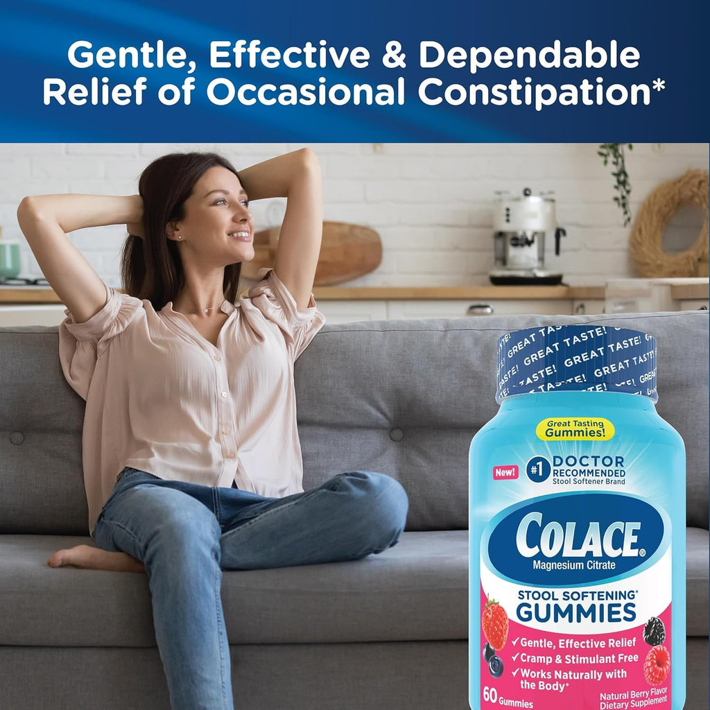 Colace Stool Softener Gummies, Constipation Relief, Berry, 60 Ct, Pack of 2 | No.1 doctor recommended stool softener brand, Gentle dependable, magnesium citrate gummies