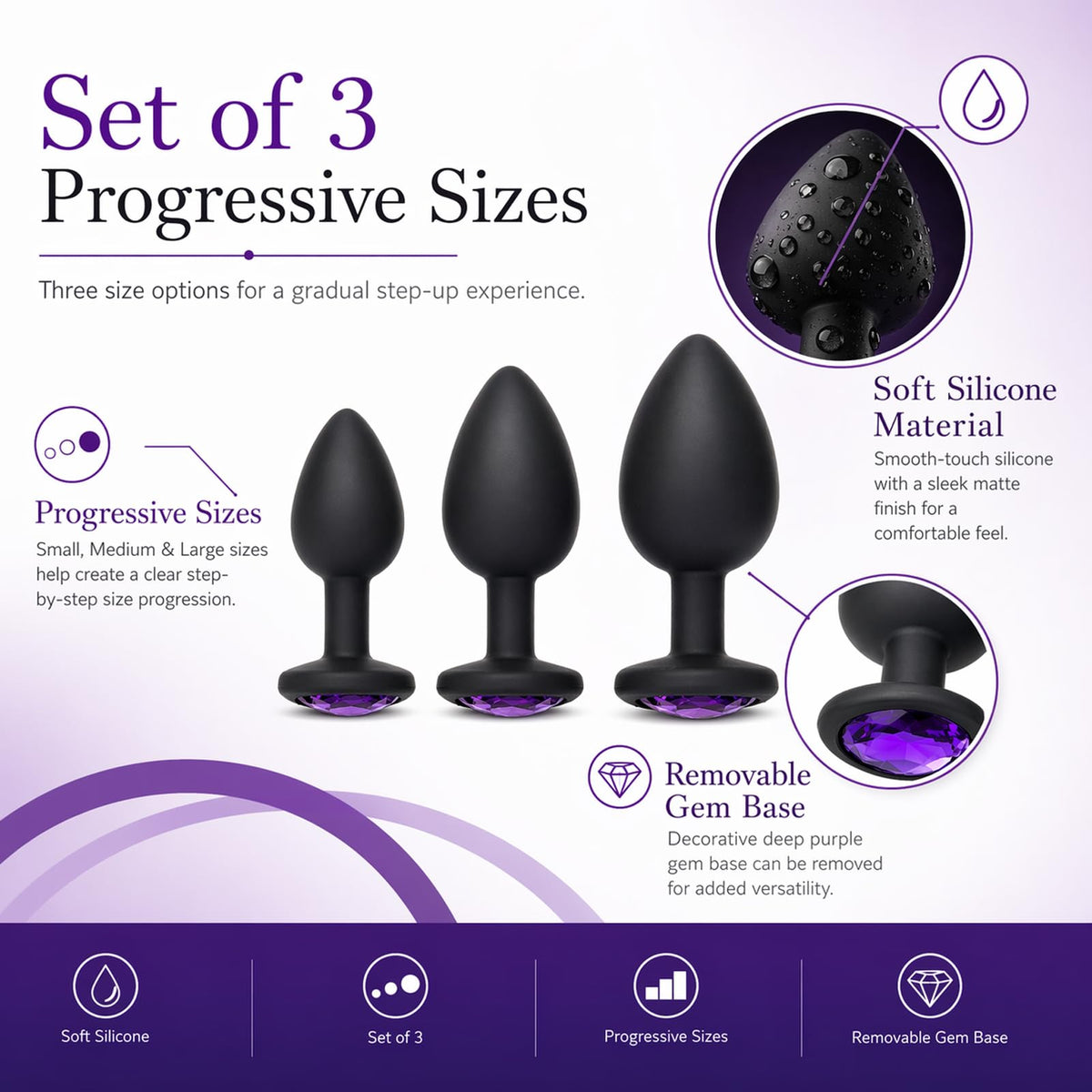 3PCS Silicone Jeweled Anal Butt Plug Training Set, Black