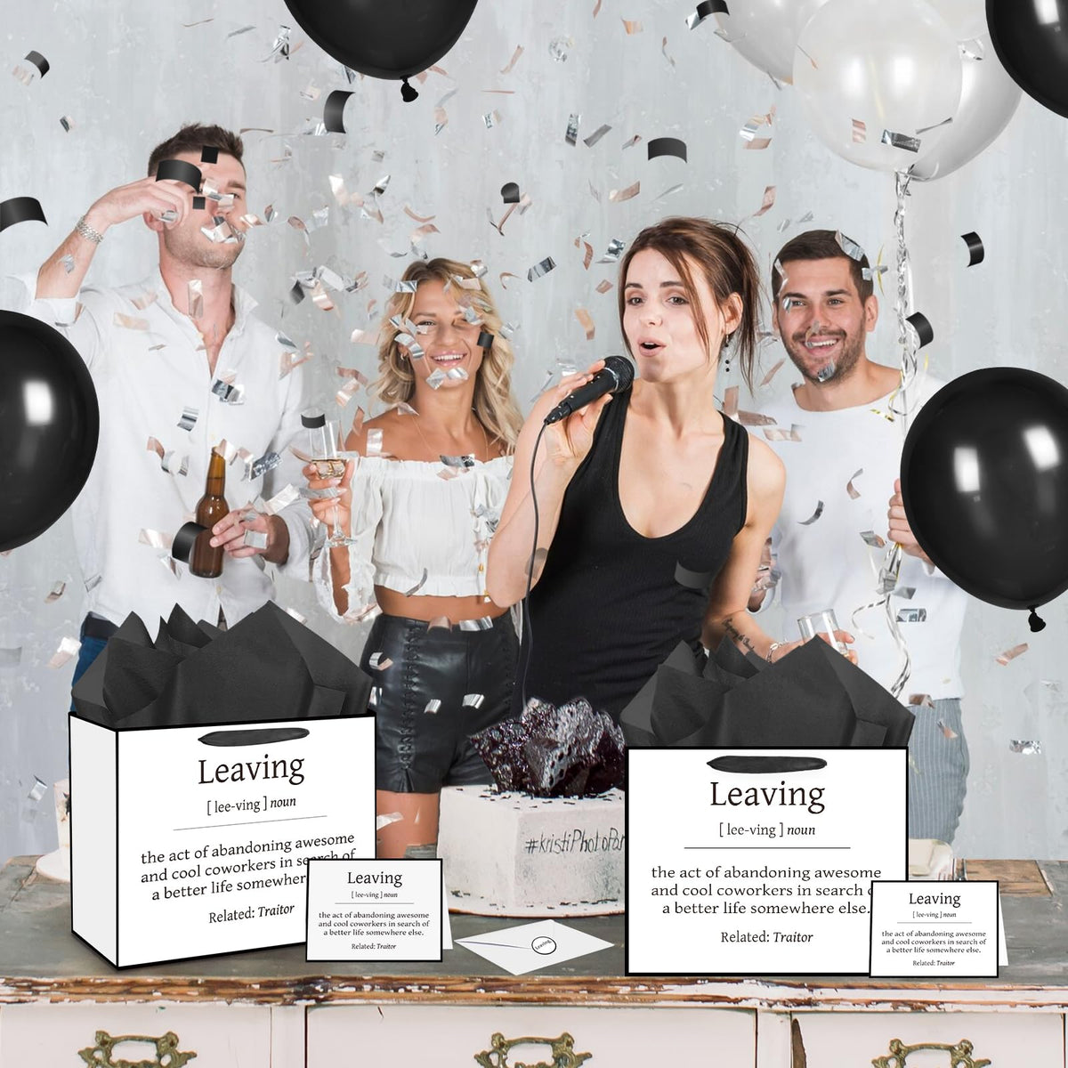 Funny Going Away Gift Bag Black White Farewell Goodbye Christmas Gift Bag with Wrapping Paper Card Sticker Envelope for Coworkers Leaving Gifts Retirement Good Luck We Will Miss You Presents Favors