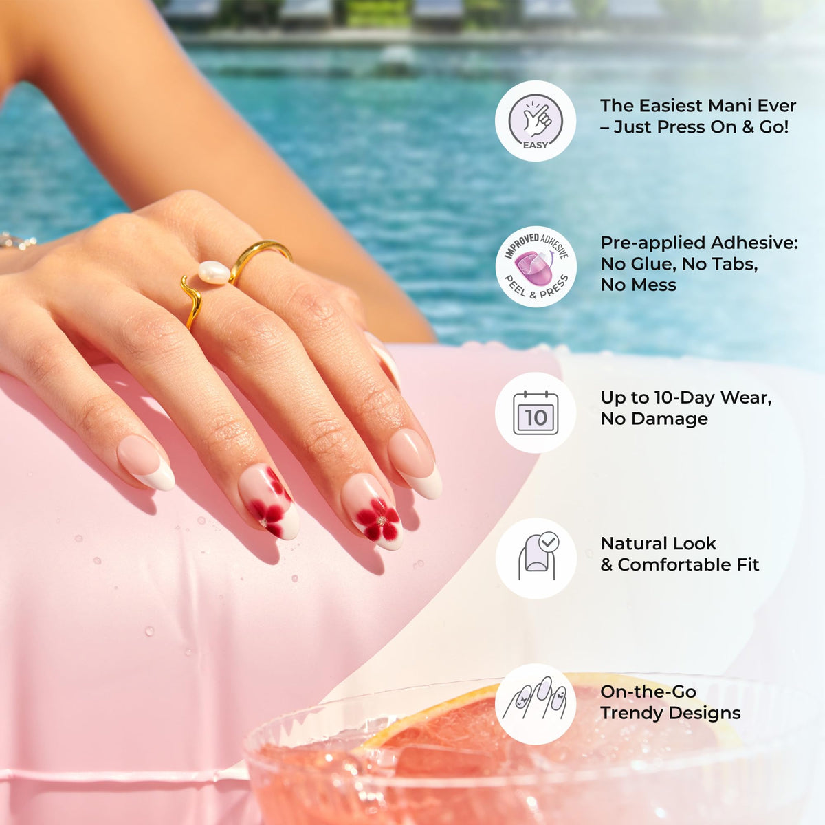 Kiss Impress No Glue Mani Press On Nails, Color, 'Melting', Pink, Short Size, Squoval Shape, Includes 30 Nails, Prep Pad, 1 Manicure Stick, 1 Mini File