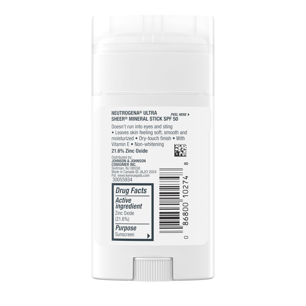 Neutrogena Ultra Sheer Mineral Sunscreen Stick SPF 50, 1.5 oz | Sensitive Skin, Zinc Oxide, Face & Body Sunscreen, Vitamin E, No White Residue, Vegan