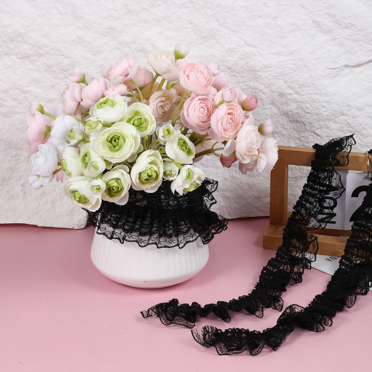 5 Yards Double Layer Ruffle Trim, 1.97 in Width Black Lace Ribbon, Vintage Lace Fabric Embroidered for Sewing, Clothes, Dresses, Craft, Bag, Gift Package, Wedding Decoration
