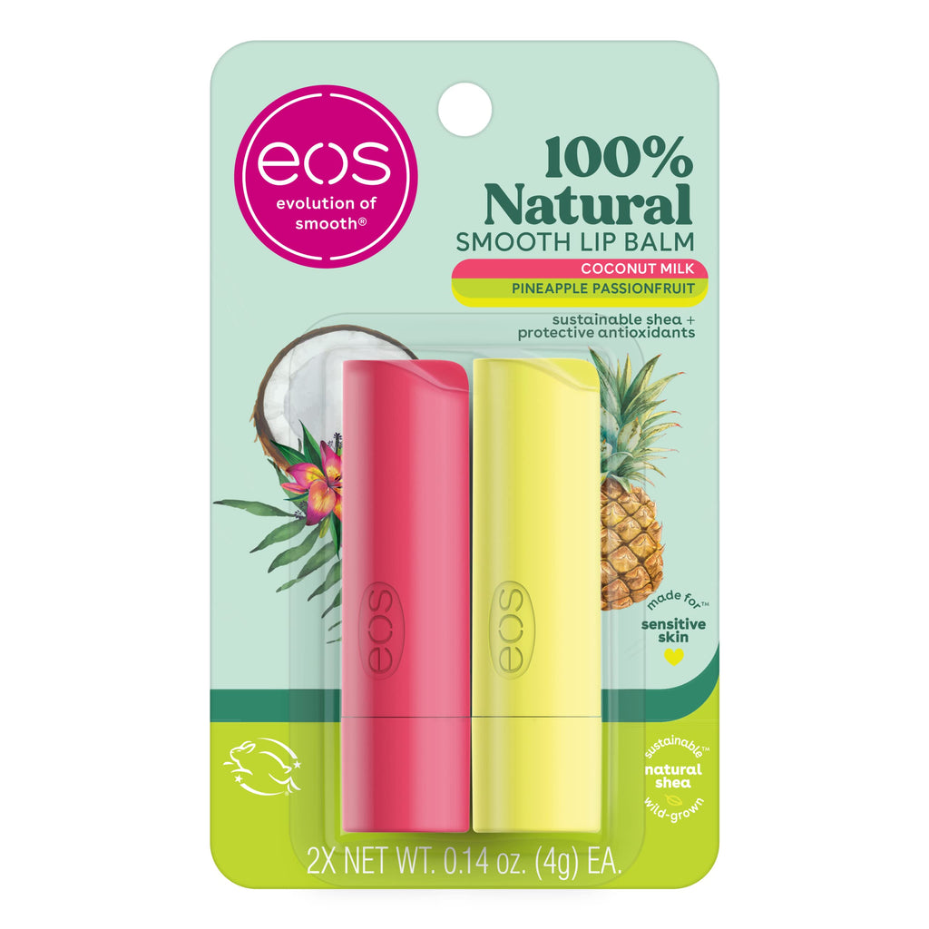 Buy now eos 100% Natural Lip Balm- Coconut Milk and Pineapple Passionfruit, All-Day Moisture Lip Care, 0.14 oz, 2 Pack at indiglob india