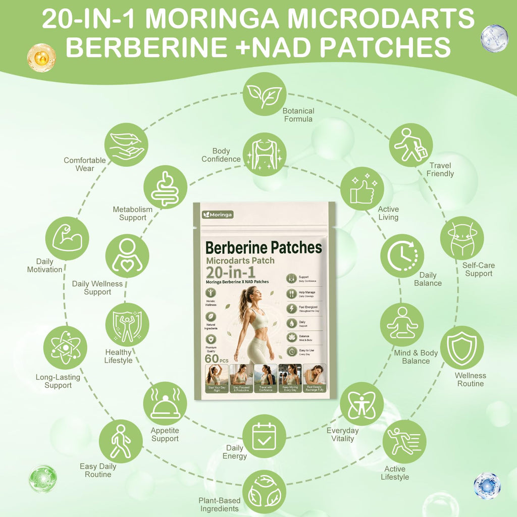 GLPLUS-1 Patches,Berberine Patch, Moringa Microdarts Berberine +NAD Patches, 20-in-1 Nano Patch with L Glutamine, Chromium, Moringa,Pomegranate and Cinnamon for Men & Women - 60Pcs