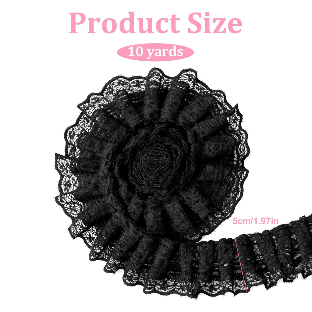 5 Yards Double Layer Ruffle Trim, 1.97 in Width Black Lace Ribbon, Vintage Lace Fabric Embroidered for Sewing, Clothes, Dresses, Craft, Bag, Gift Package, Wedding Decoration