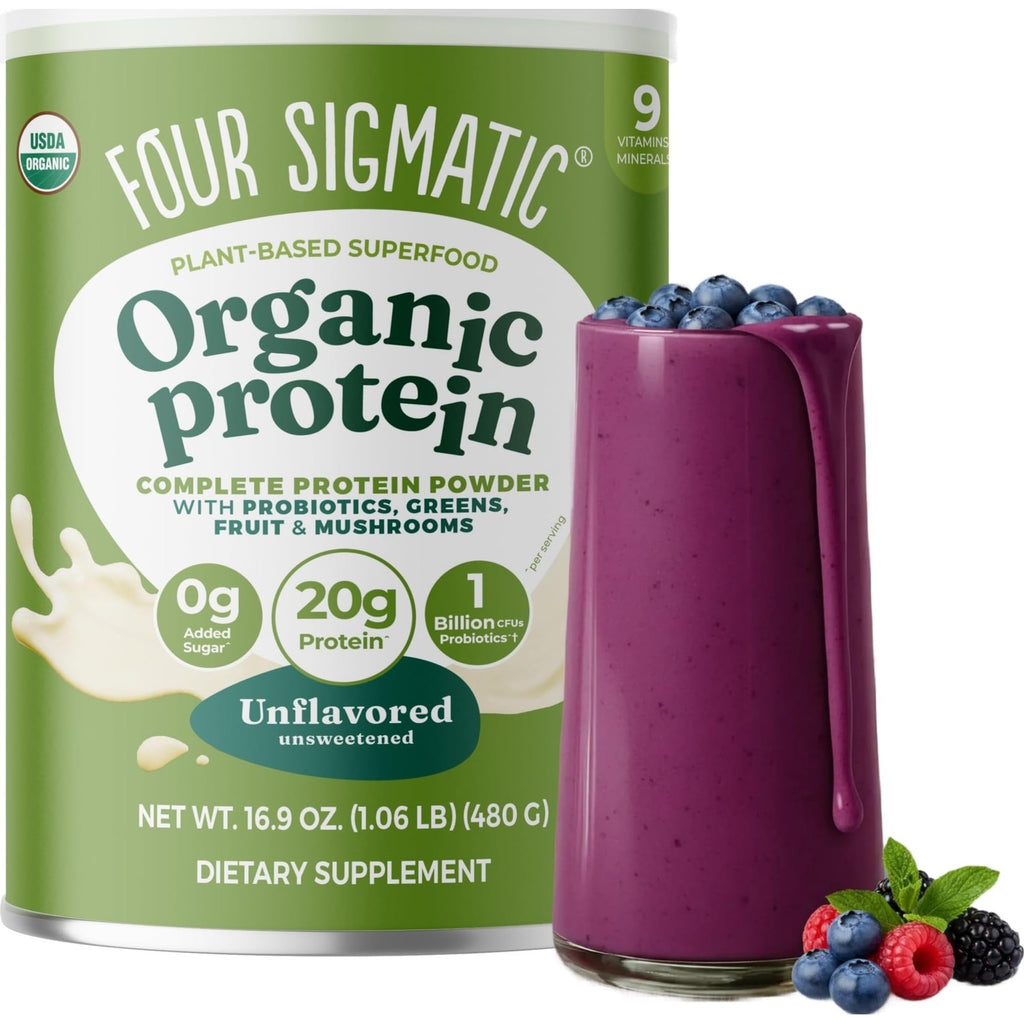Four Sigmatic Organic Plant-Based Protein Powder | Clean Vegan Protein Elevated with Lion’s Mane, Chaga, Cordyceps and More for Brain Function and Immune Support | Creamy Cacao, 21.16 oz