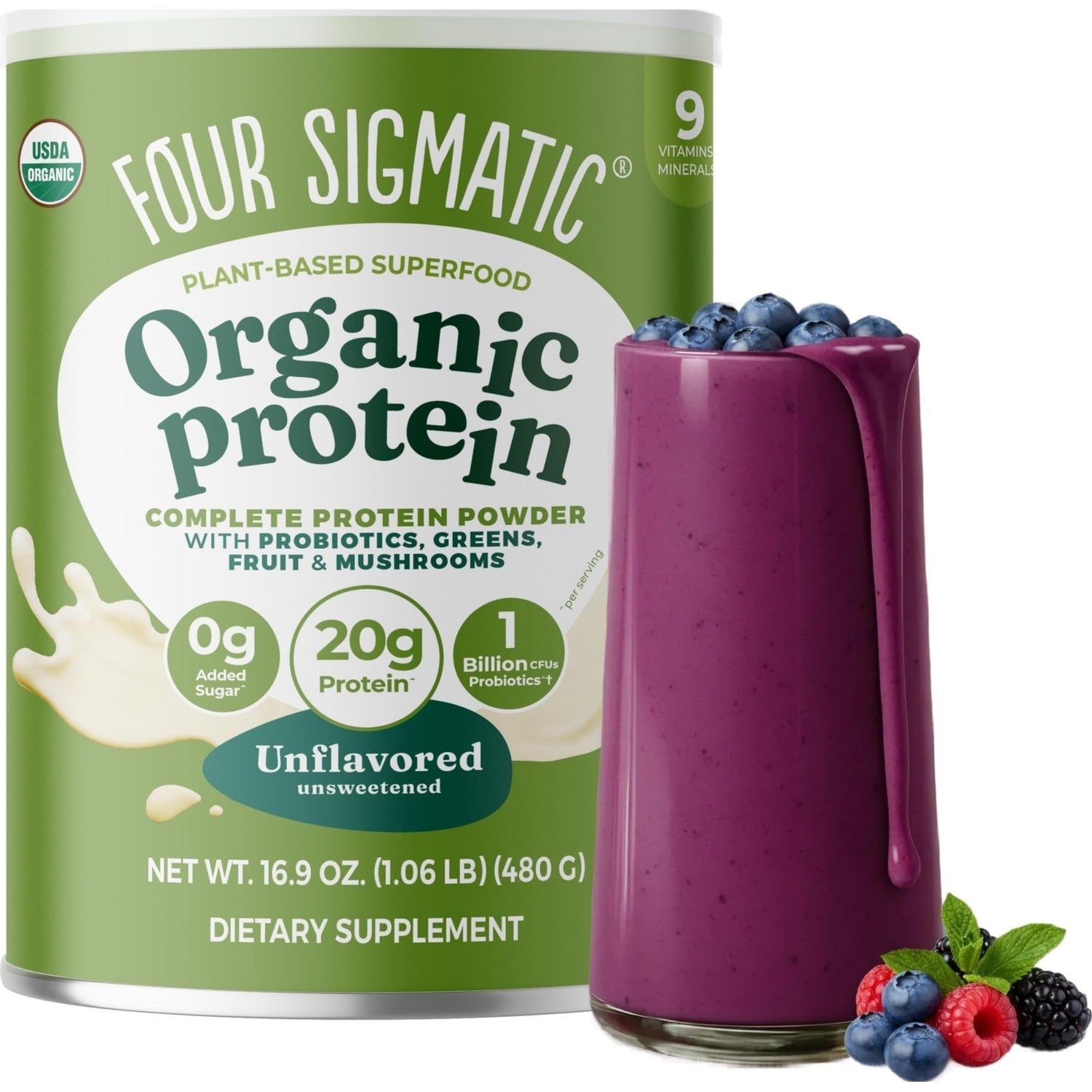 Four Sigmatic Organic Plant-Based Protein Powder | Clean Vegan Protein Elevated with Lion’s Mane, Chaga, Cordyceps and More for Brain Function and Immune Support | Creamy Cacao, 21.16 oz