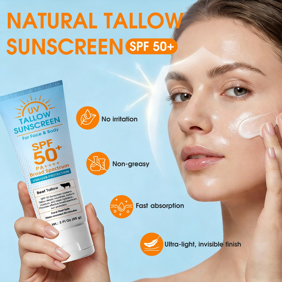 Beef Tallow Sunscreen, Broad Spectrum Mineral Lotion with Non-Nano Zinc Oxide - No White Cast, Non-Greasy, Reef-Safe & Water-Resistant for Sensitive Skin (3 Fl Oz)