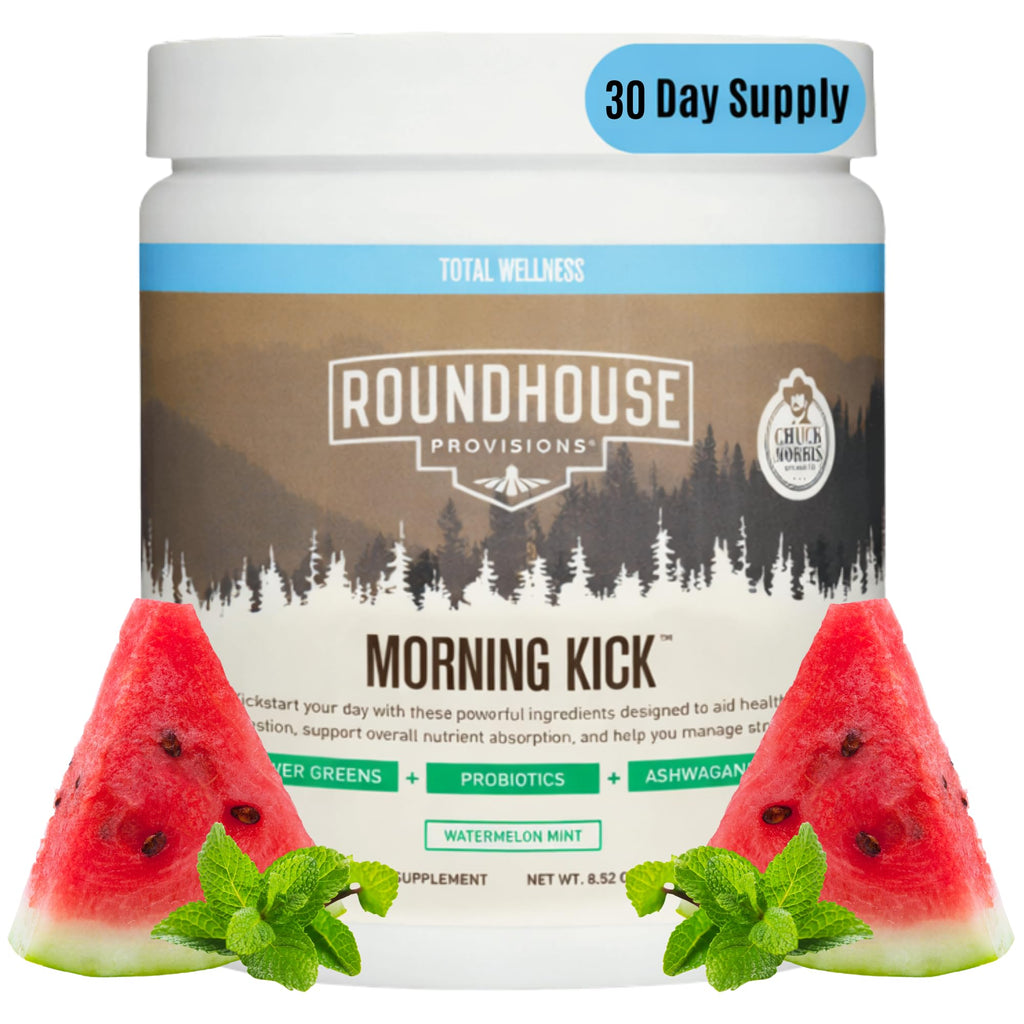 ROUNDHOUSE PROVISION Morning Kick Greens Powder, Watermelon Mint, 3 Pack | Greens Superfood Powder for Gut Health, Sugar Free, Caffeine Free, Ashwagandha, Collagen Peptides, Probiotics, Chuck Norris
