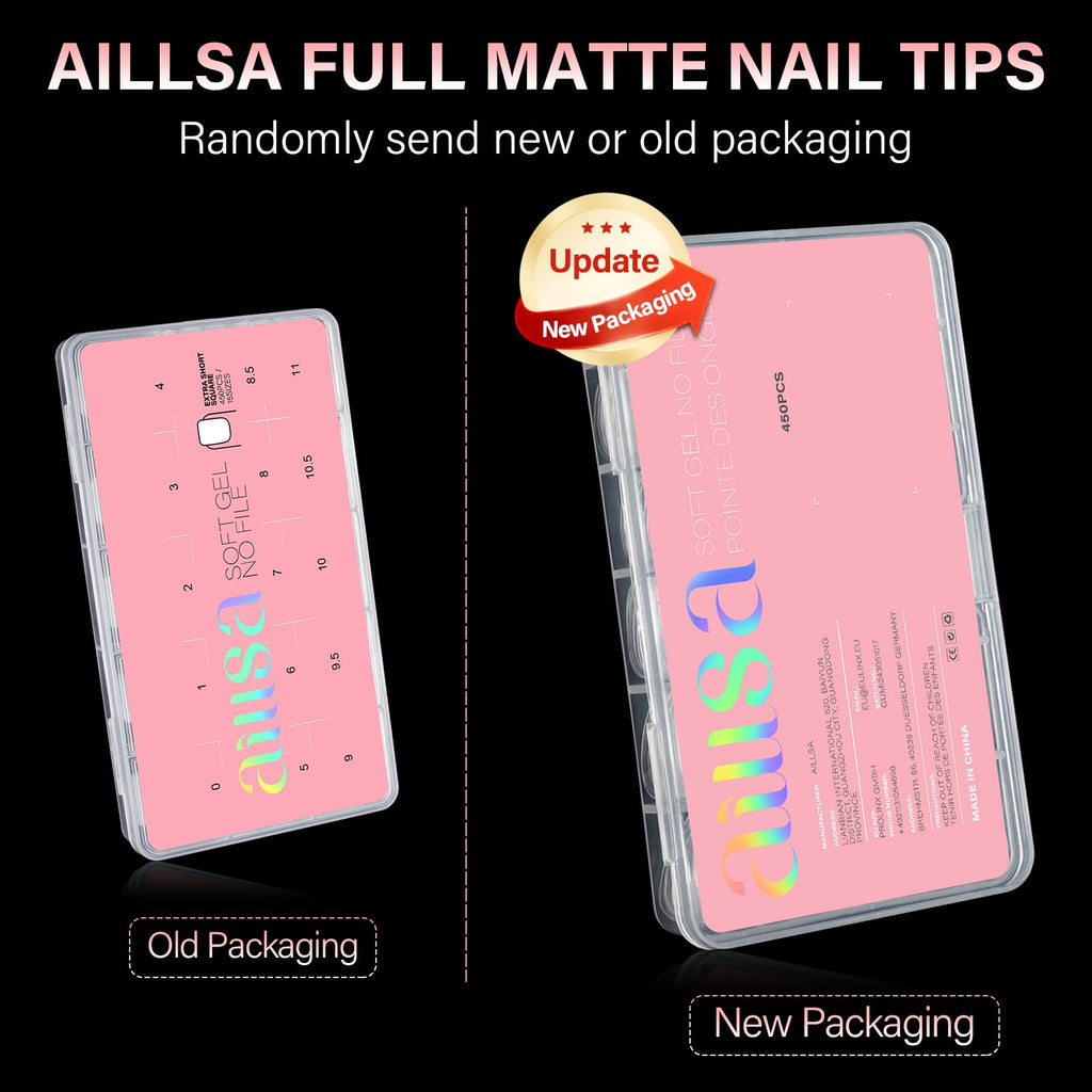 Shop AILLSA 450PCS Short Almond Nail Tips in stylish full matte finish. Available online with new packaging option.