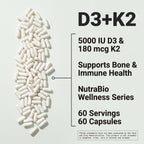 NutraBio Vitamin D3 K2 | 5000 IU D3 as Cholecalciferol with Vitamin K2 as MENA-Q MK7 (180mcg) | Support Bone and Heart Health | Non-GMO, Gluten Free, Lactose Free | 60 Vegetable Capsules