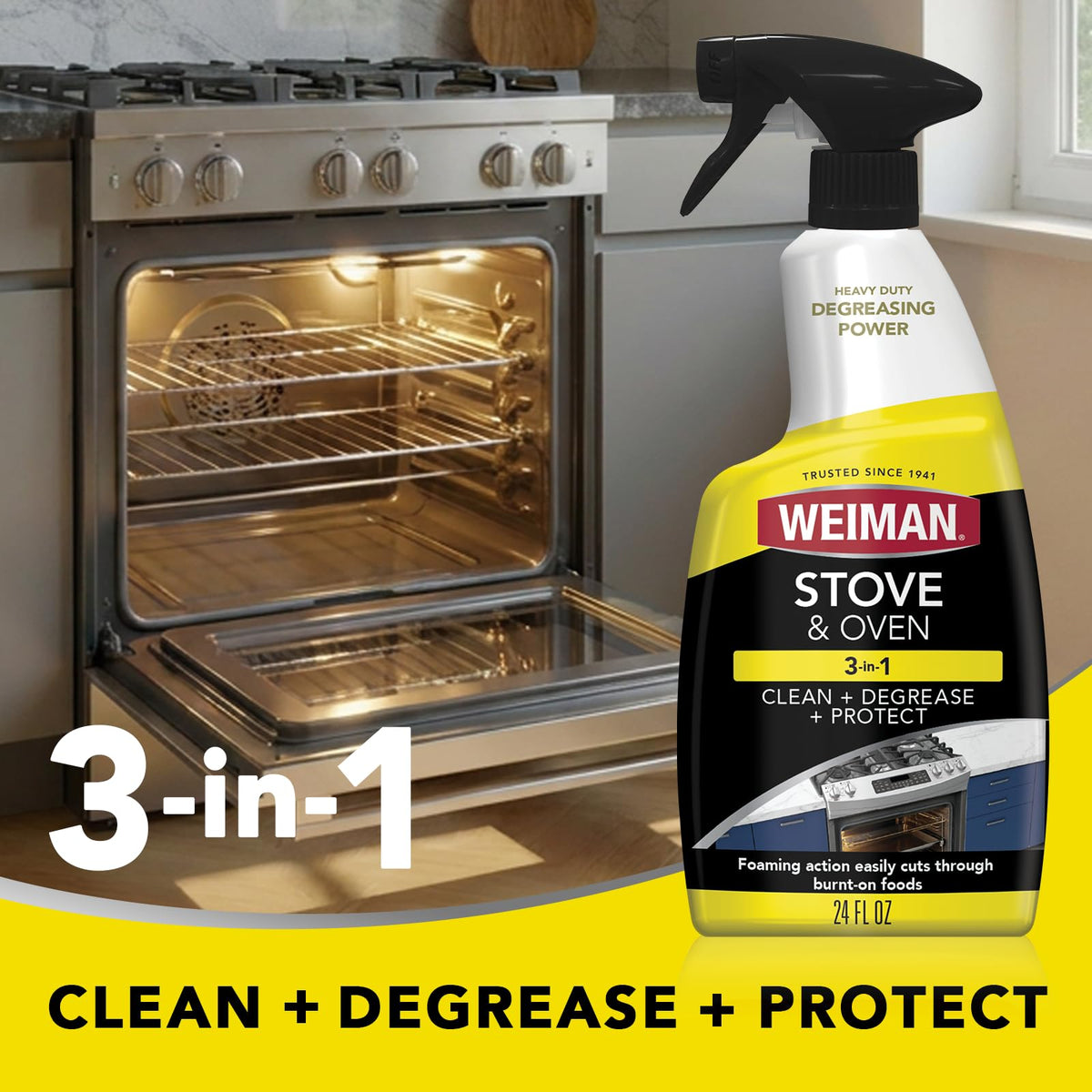 Weiman Heavy Duty Stove and Oven Cleaner 3 Piece Total Clean Kit, For Baked on Grease, Grime, Carbonized Food, Includes Foaming Cleaner (24oz), Precision Razor Tool, Dual-Action Scrub & Shine Sponge