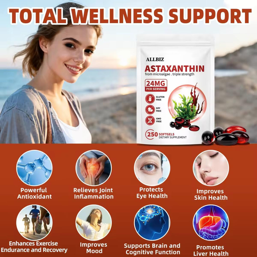 ALLBIZ Astaxanthin 24mg | 250 Softgels | 250-Day Supply | Premium Antioxidant Supplement Supports Eye, Skin, Brain & Liver Health | Natural Microalgae Source, Non-GMO, Gluten Free
