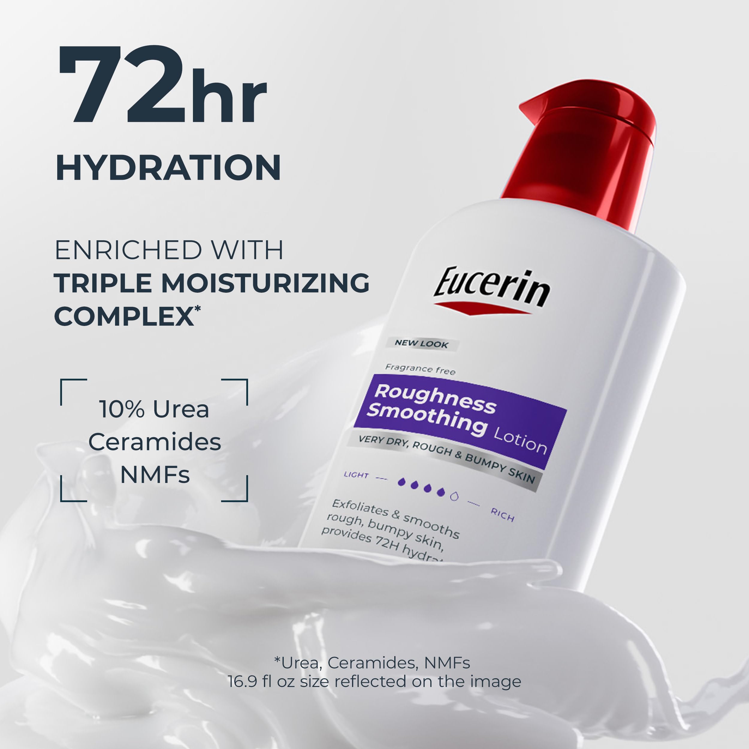Eucerin Roughness Smoothing Lotion with Urea, 16.9 FL OZ | Urea Enriched Body Moisturizer for Rough, Bumpy, Dry Skin, 72 Hours of Hydration, Paraben and Fragrance Free