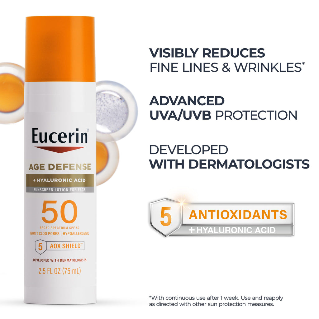 Eucerin Sun Age Defense Face Sunscreen Lotion SPF 50, 2.5 FL OZ | Face Sunscreen SPF 50 with Hyaluronic Acid for Age Defense, Invisible Finish, Hypoallergenic, Non-Comedogenic, Fragrance Free