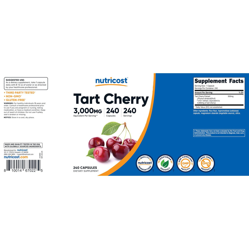 Nutricost Tart Cherry Extract 240 Vegetarian Capsules, Gluten-Free | 240 Servings per Bottle, GMO-Free