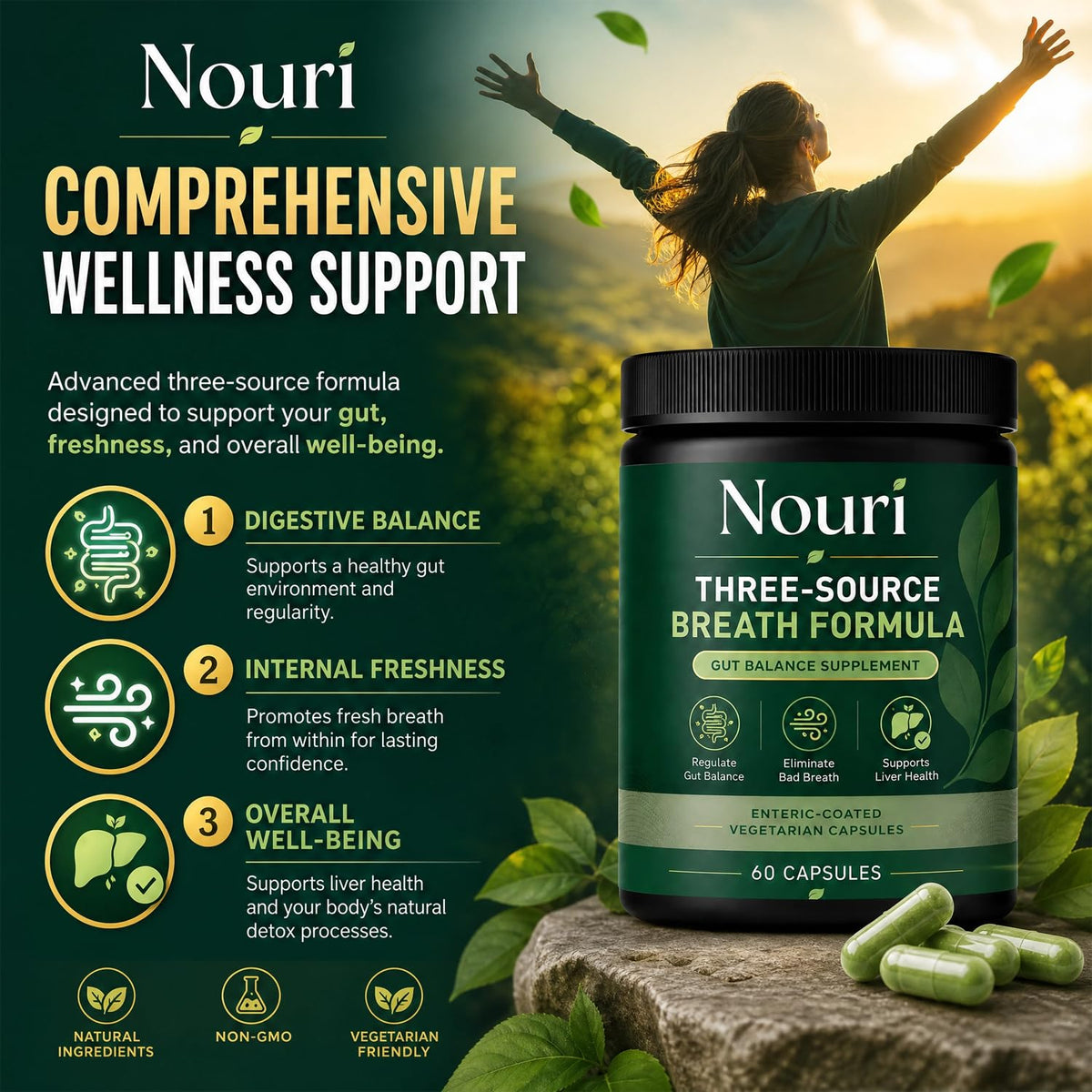 Three Source Breath Formula, Gut Balance Supplement with Digestive Enzymes & Plant Extracts, Support Fresh Breath, Gut Balance ＆ Liver Health
