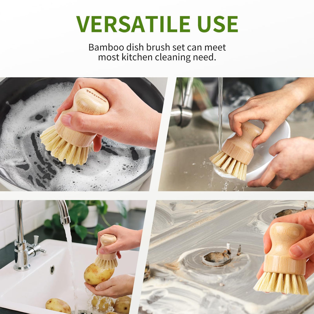4 Pack Bamboo Dish Brush with Sisal Bristles for Kitchen Cleaning