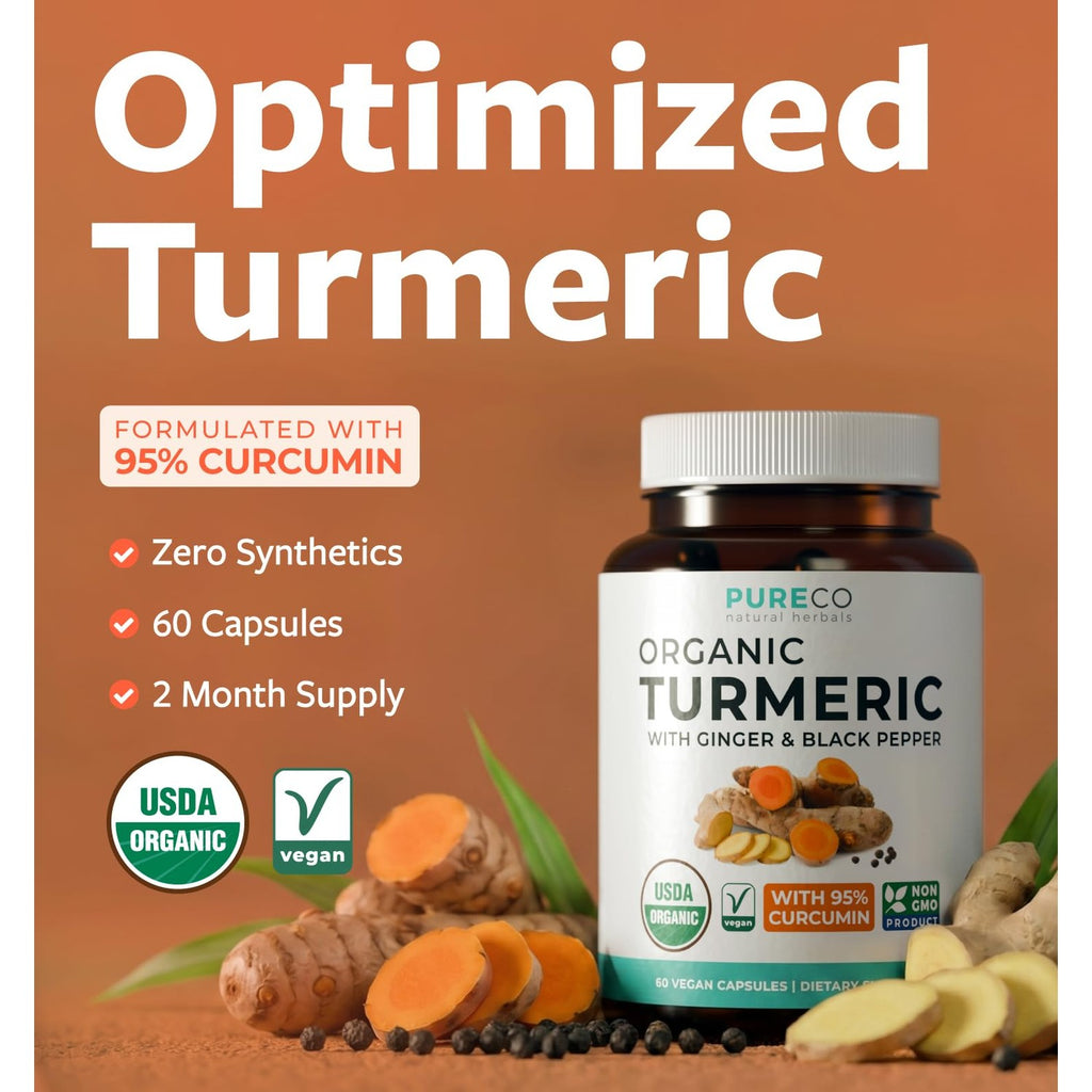 Organic Turmeric Ginger Black Pepper Supplement - High Potency Organic Turmeric Curcumin Capsules with Ginger & Black Pepper for Enhanced Benefits and Absorption - Vegan & Non-GMO (2 Month Supply)