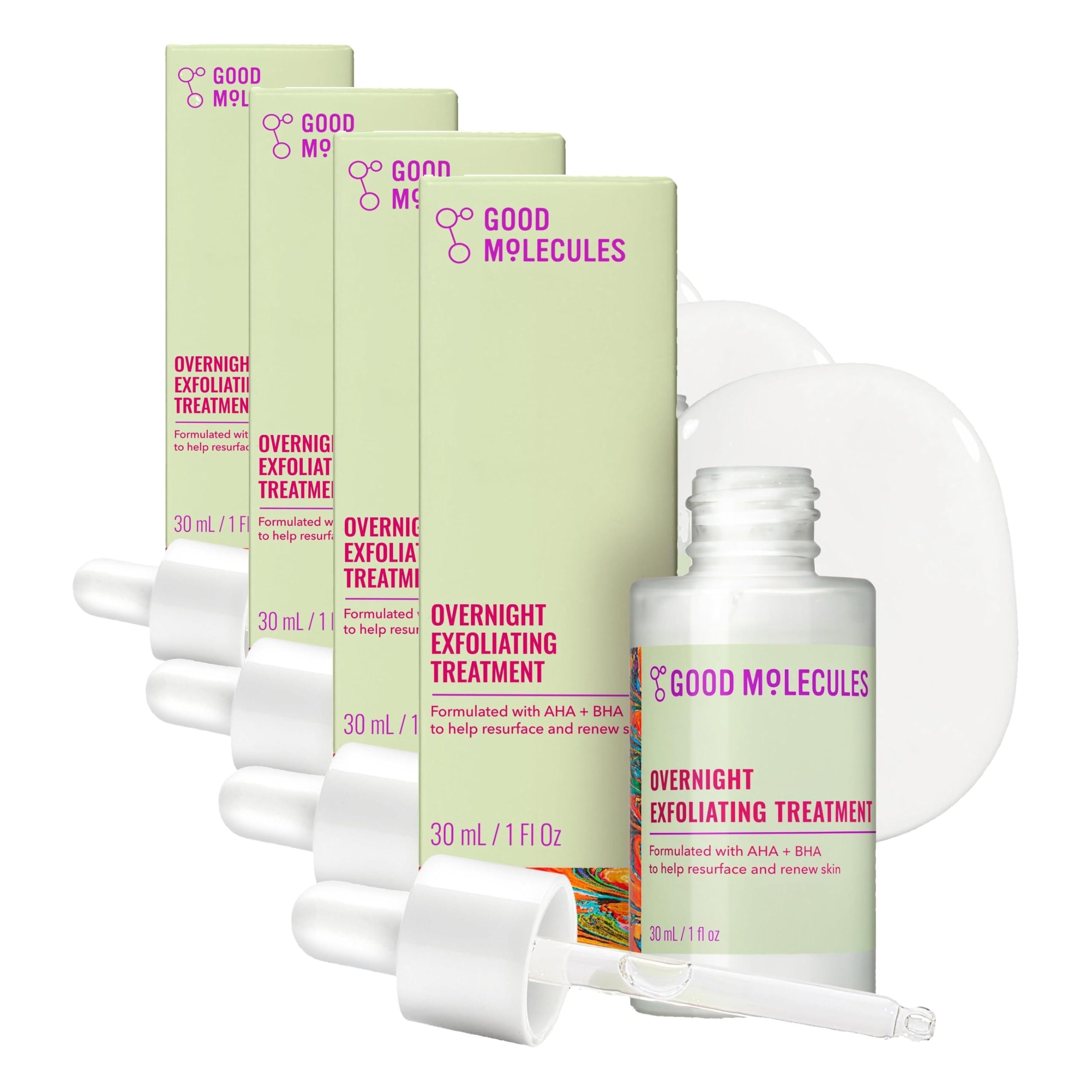Good Molecules Overnight Exfoliating Treatment, AHA BHA, Pack of 3 | Resurfaces and renews the look of skin overnight with AHA and BHA. Use up to 3 nights a week with daytime SPF.