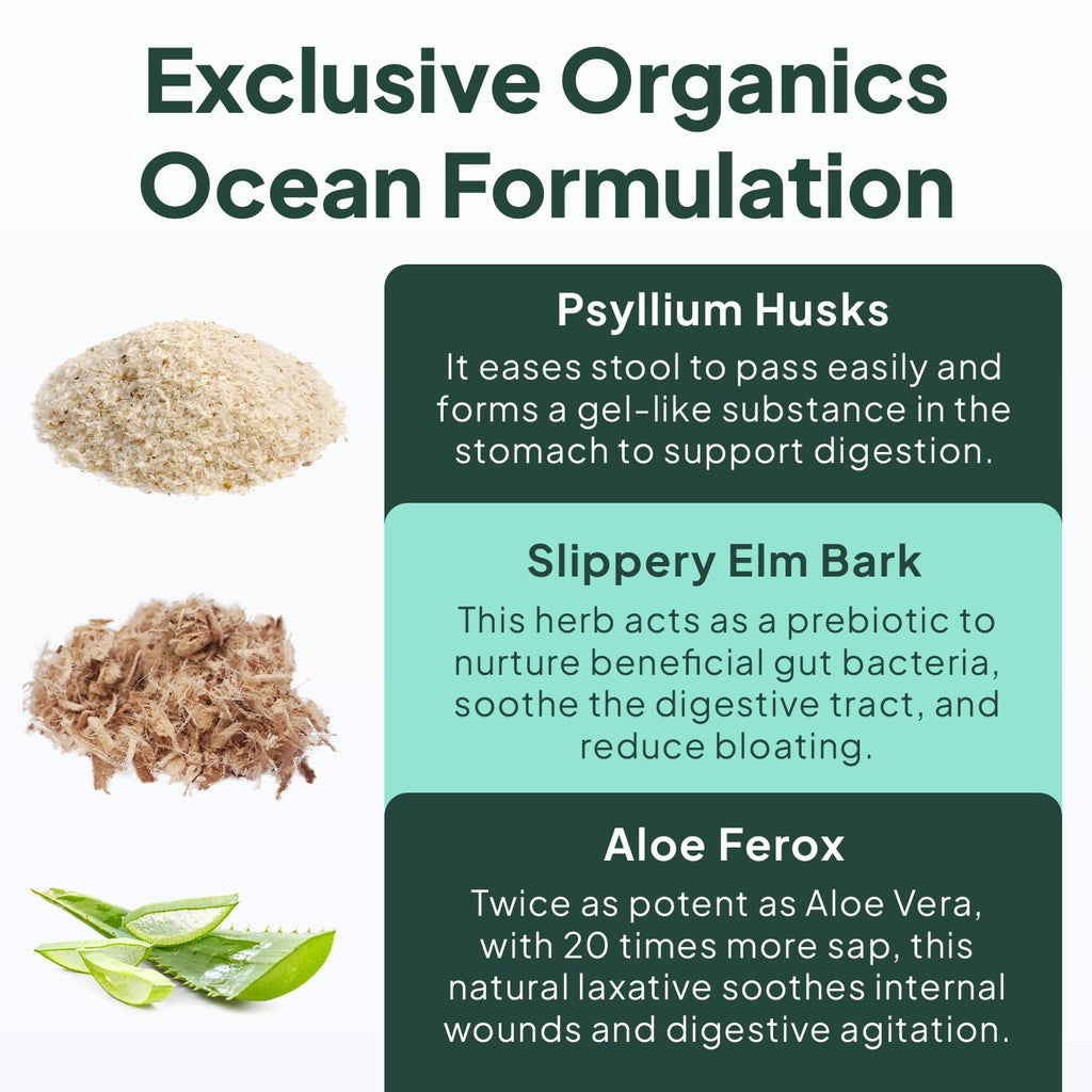 Organics Ocean Better Fiber - Daily Fiber Supplement - Soften Stool for Effortless Bowel Movements - with Psyllium Husk and Slippery Elm - 3 Bottles