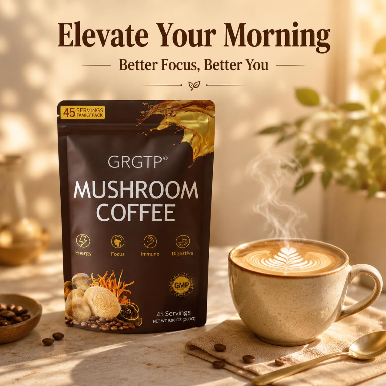 GRGTP Mushroom Coffee - Superfood Blend with 6 Adaptogens (Cordyceps, Lion's Mane, Reishi Other) | Jitter-Free Energy, Enhanced Focus, Digestion & Immunity Support | 45 Servings, Vegan, Gluten Free, Non-GMO | Smooth Flavor