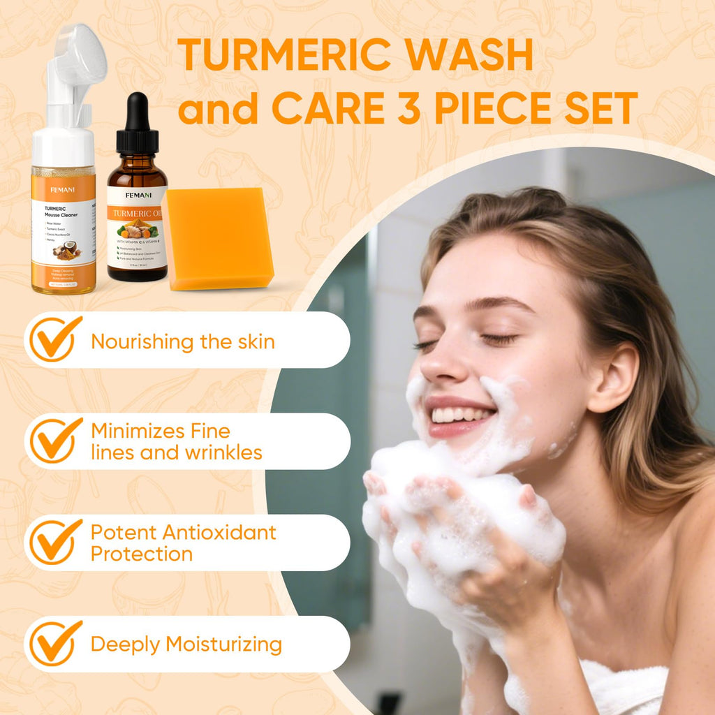 Turmeric Face Wash Set, Turmeric Facial Cleanser & Turmeric Soap Bar & Oil