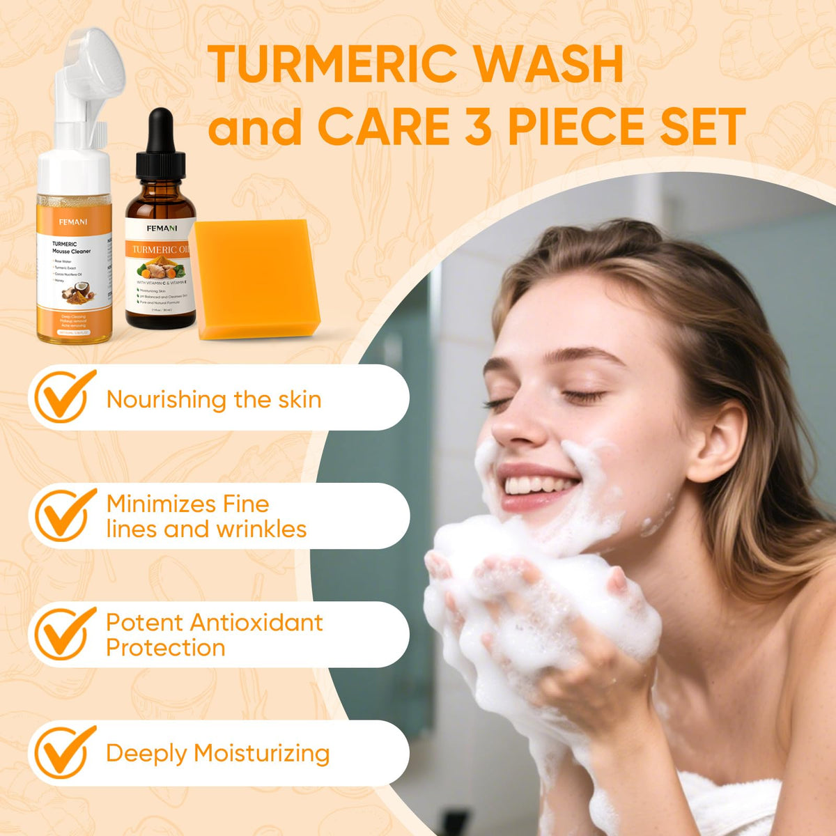 Turmeric Face Wash Set, Turmeric Facial Cleanser & Turmeric Soap Bar & Oil