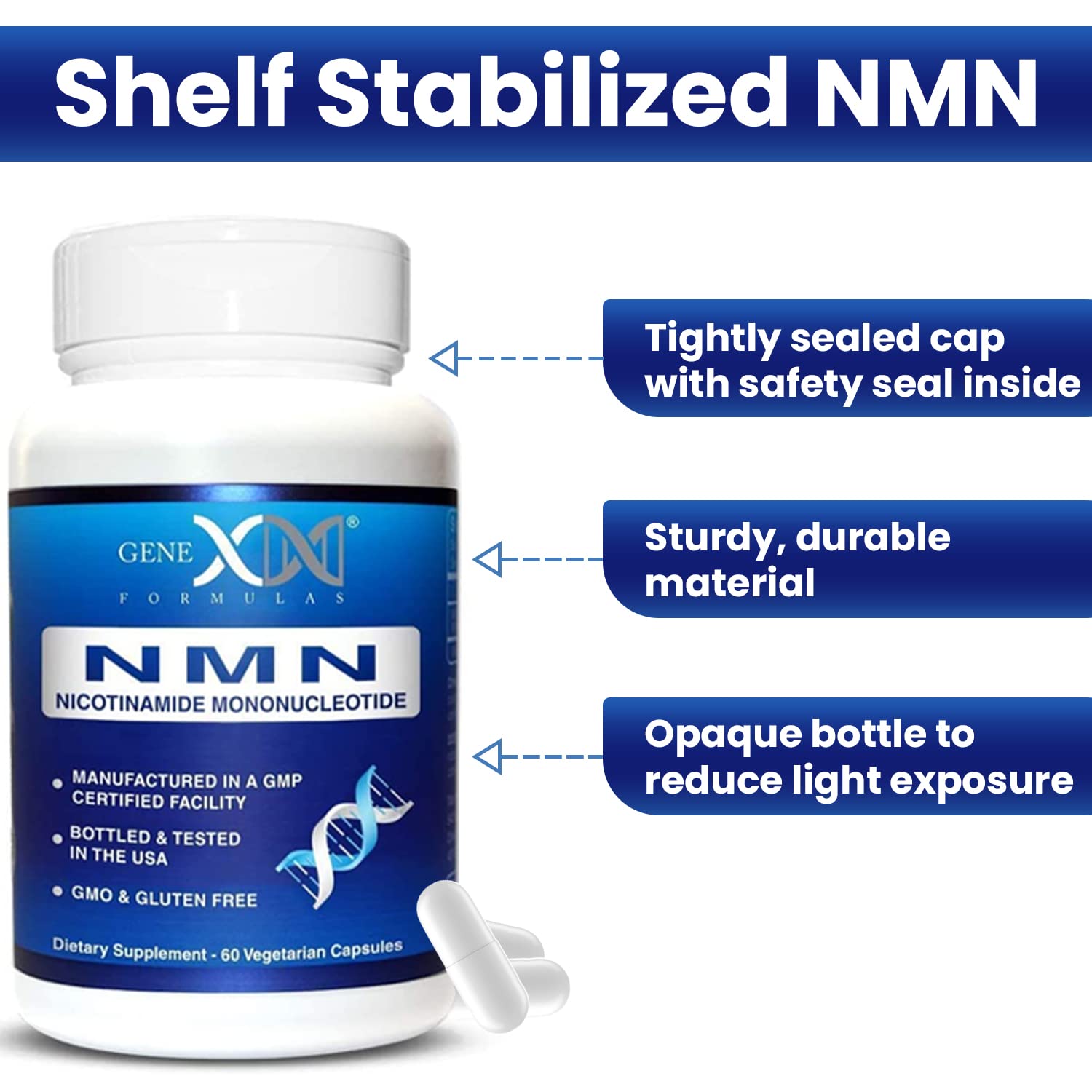 Genex Formulas NMN 250 mg Dose Stabilized Form 99% Pure Supplement 60 Caps | NMN Supplement for Cellular Energy, Increased NAD Levels, DNA Repair, and Healthy Aging, GMP Certified, 30 Day Supply