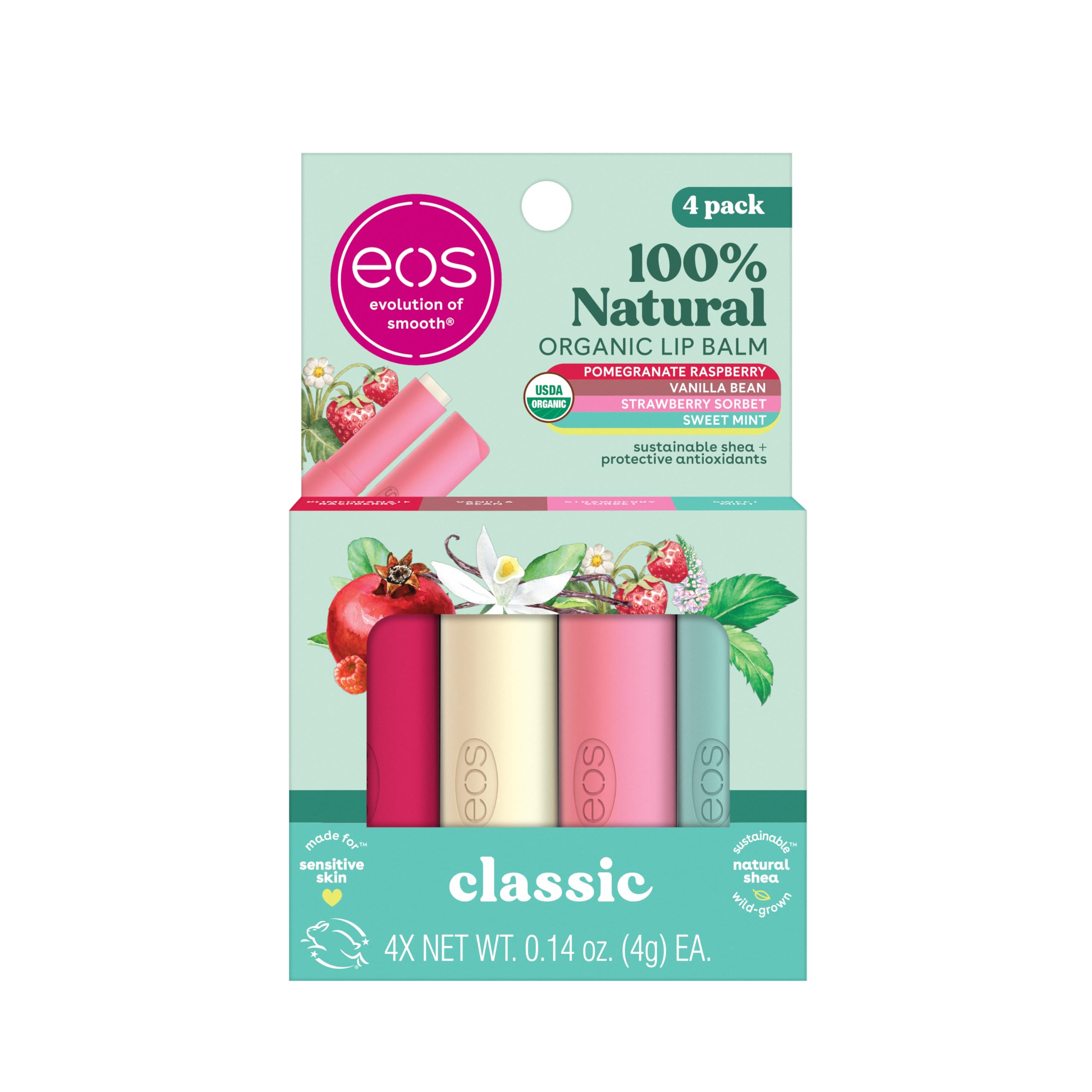 eos 100% Natural Lip Balms- Coconut Milk, Pineapple Passionfruit, Watermelon Frosé & Raspberry Kiwi Splash, All-Day Moisture Lip Care, 0.14 oz, 4-Pack