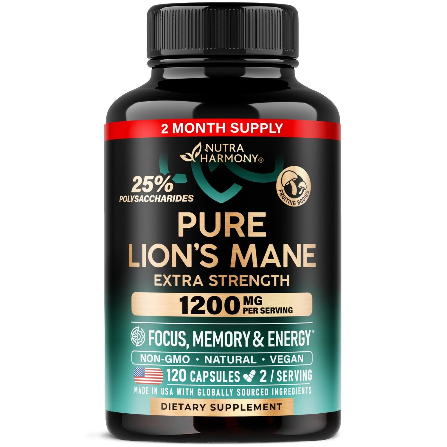 Lions Mane Supplement Capsules - Organic Lions Mane 1200 mg, 120 Vegan Caps | Pure Lion's Mane for Women & Men - Fruiting Bodies Extract, 25% Polysaccharides - Memory & Focus Support - As Lions Powder
