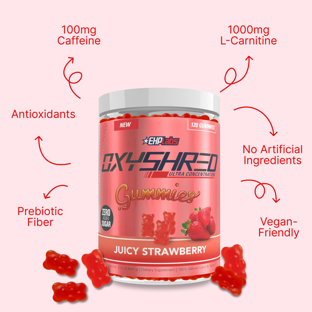 EHP Labs OxyShred Pre Workout Energy Gummies, Strawberry, 60 Servings | 100mg Natural Caffeine, 1000mg L-Carnitine, Vegan & Halal Friendly, No Artificial Colors, Zero Aspartame, HPLC Tested